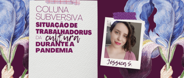 Card colorido. Fundo roxo com flores coloridas azul e roxa. À esquerda, papel pardo com fita adesiva colorida. Texto 