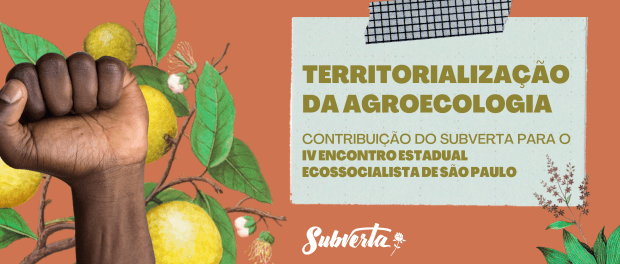 Card colrido. Fundo rosa. No canto esquerdo, um punho em riste em frente a um galho com folhas e frutos. No canto inferior direito um ramo de flores pequenas. Acima papel, com uma fita adesiva xadrez azul no topo. Sobre ele o texto 