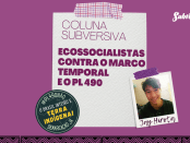 Card colorido. Fundo roxo. Ao centro, papel colado com fita adesiva decorada. No papel, alinhado à esquerda, texto "Coluna Subversiva: Ecossocialistas contra o marco temporal e o PL 490. No canto esquerdo, figura redonda. Fundo verde com o contorno do mapa do Brasil. Acima "#PL490NÃO". Ao centro "O Brasil inteiro é terra indígena". Abaixo "Demarcação já". No canto direito, foto polaroid. Homem de pele bege médio. Cabelos curtos e lisos. Olhos pequenos com cantos puxados. Exboça um sorriso, com os dentes a mostra. No canto direito superior do card logo branca do Subverta.