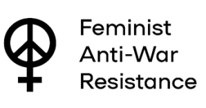 Logotipo. Ao lado esquerdo, espelho de vênus e mesclado com o símbolo da paz. (Círculo dividido por uma linha vertical ao centro. Com duas linhas diagonais, de ambos os lados. Saem do ponto médio da linha vertical até a circunferência do círculo. Embaixo do círculo uma cruz.) Ao lado direito, texto "Feminist Anti-War Resistance".