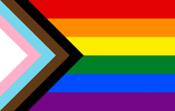 Imagem da bandeira LGBTQIA+.
No lado esquerdo da bandeira, um triângulo com as cores: branco, rosa claro, azul claro, marrom e preto.
Completando a bandeira, listras horizontais nas cores: vermelho, laranja, amarelo, verde, azul e roxo.